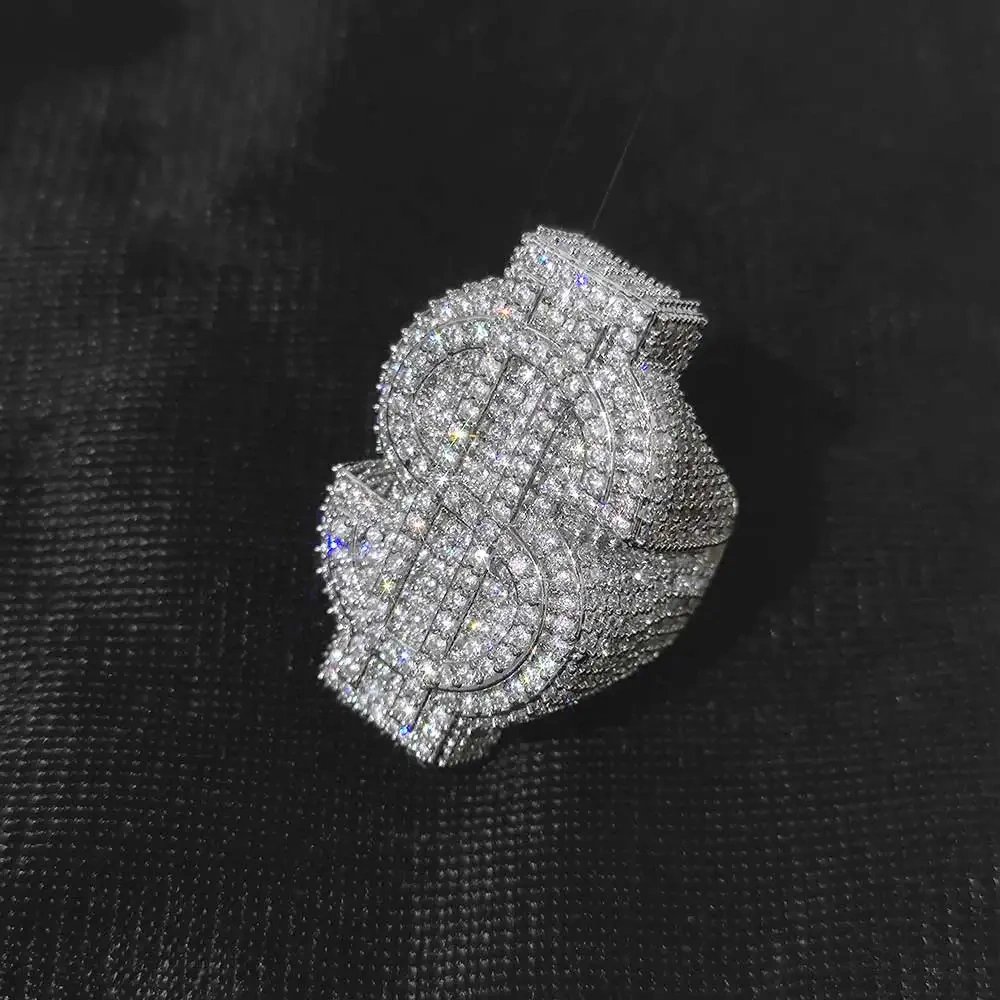 Hip Hop Full Ice Out $ Ring Copper With Zircon Money Big $ Sign Cut 18k Gold Plated Ring For Women Men Party Gift Drop Shipping