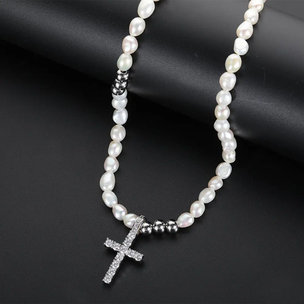 Hip Hop Natural Trendy Freshwater Brass Cross Custom Rapper Rock For Men Chain Necklace Iced Out Jewelry