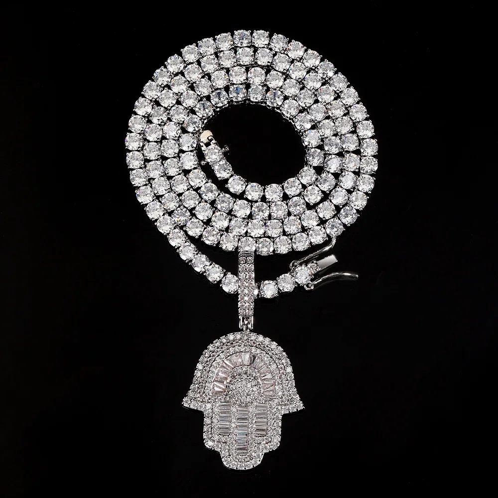 Hip Hop Jewelry Bling Iced Out 5A CZ Pave Hamsa Hand Fatima Pendant Necklace for Women Men With Tennis Chain Drop Shipping