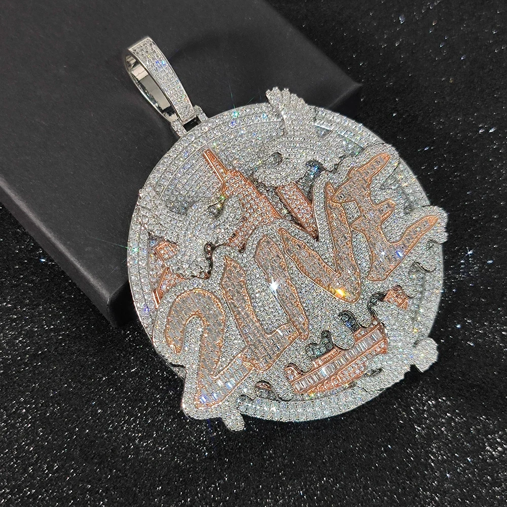 Hip Hop Iced Out Cz Big Letter Round Charm Bling Cubic Zircon Paved Pendant Necklace Women Men Jewelry With Rope Cuban Chain