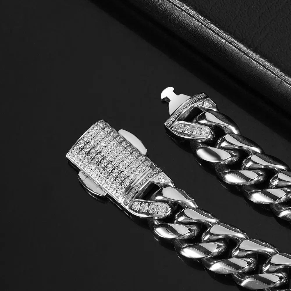 12mm Hip Hop Stainless Steel Jewelry Homme Cadena  Luxury Miami Cuban Link Chain Men Rapper Rock Necklace