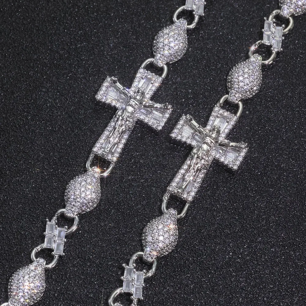 New Trendy 8mm Bead Cross Jesus Chain Bracelet Fully Iced Out Shinning Diamond 18k Gold Plated Miami Cross Bracelet Men