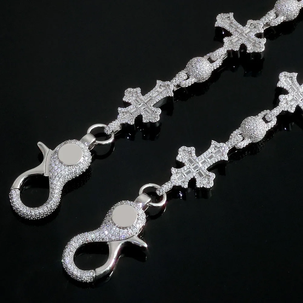 ESKEEM Iced Out Zircon Pants Chain 18MM Silver Plated Cross & Round Bead Design Bling Diamond Fine Jewelry
