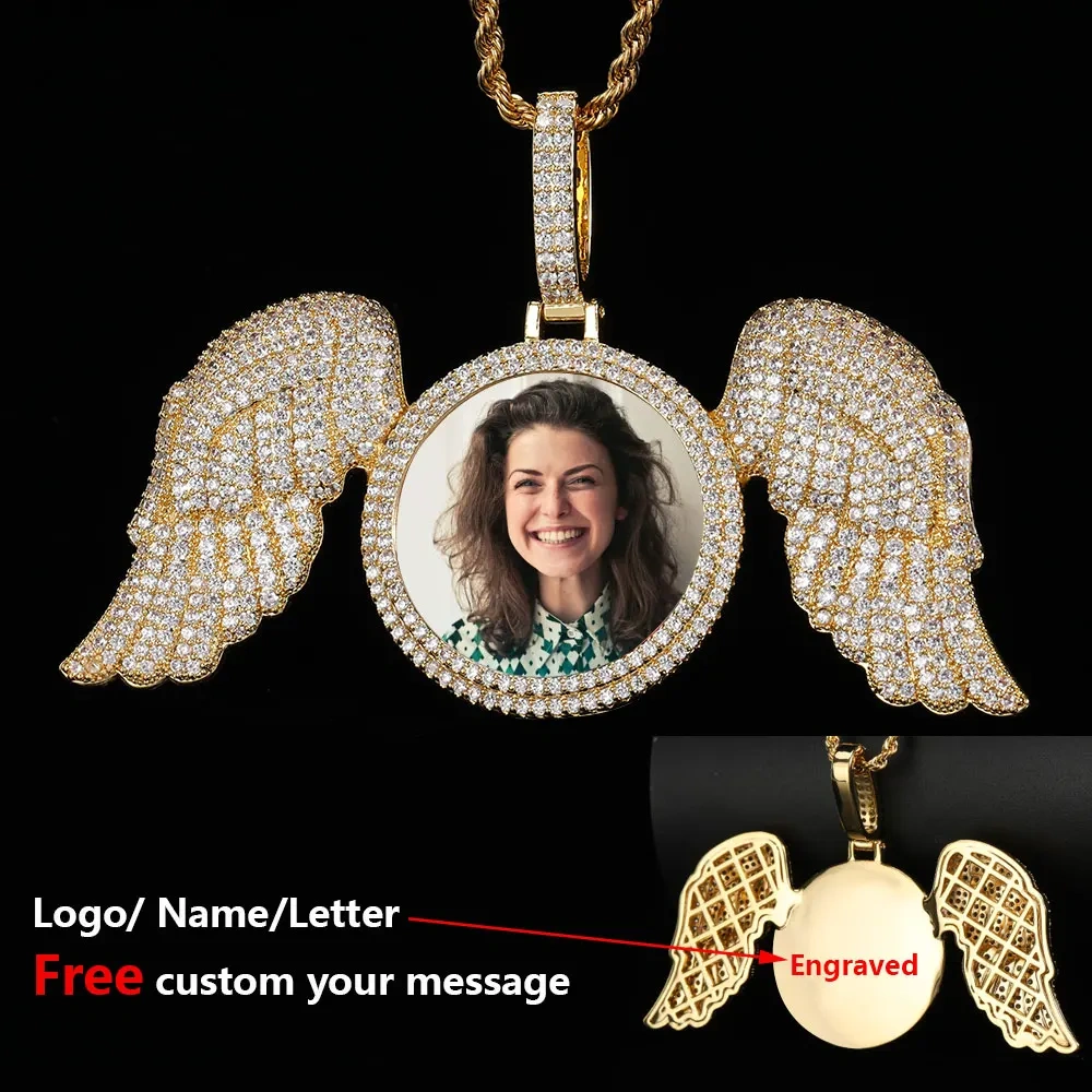 Hip Hop Memorial Custom Wing Photo Pendant Necklace For Men Personalized With Angel Wings Pendants Trays Picture