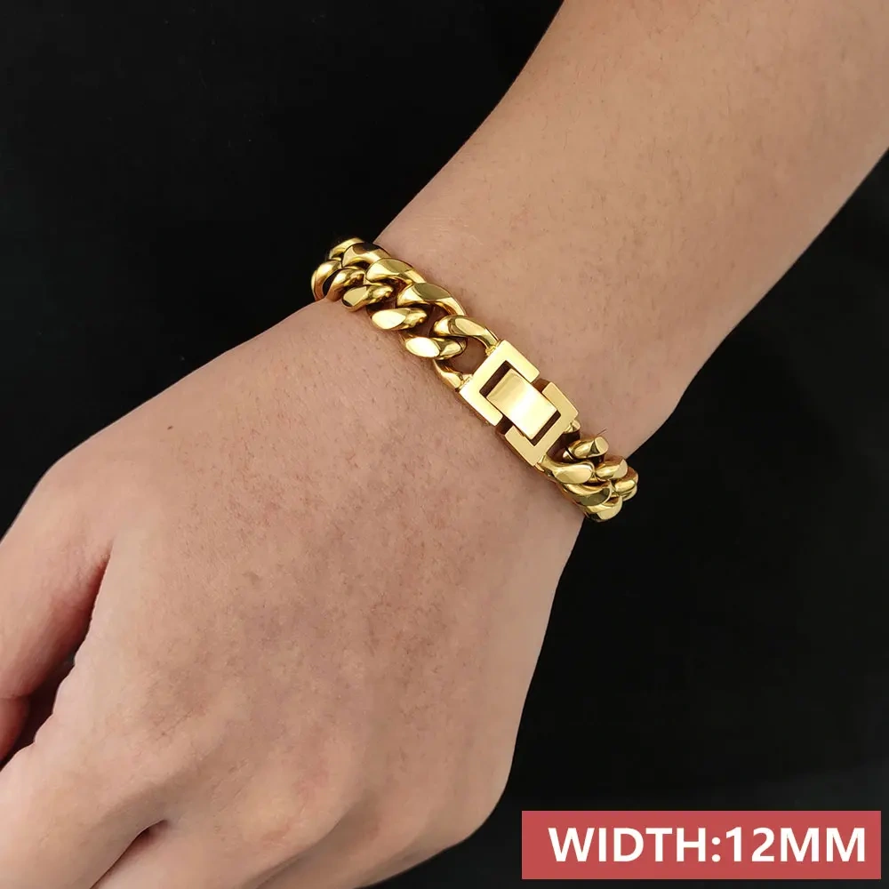 6/8/10/2/14/16MM Width Hip Hop Jewelry Miami Stainless Steel Rectangle Clasp Curb Cuban Link Bracelets For Men