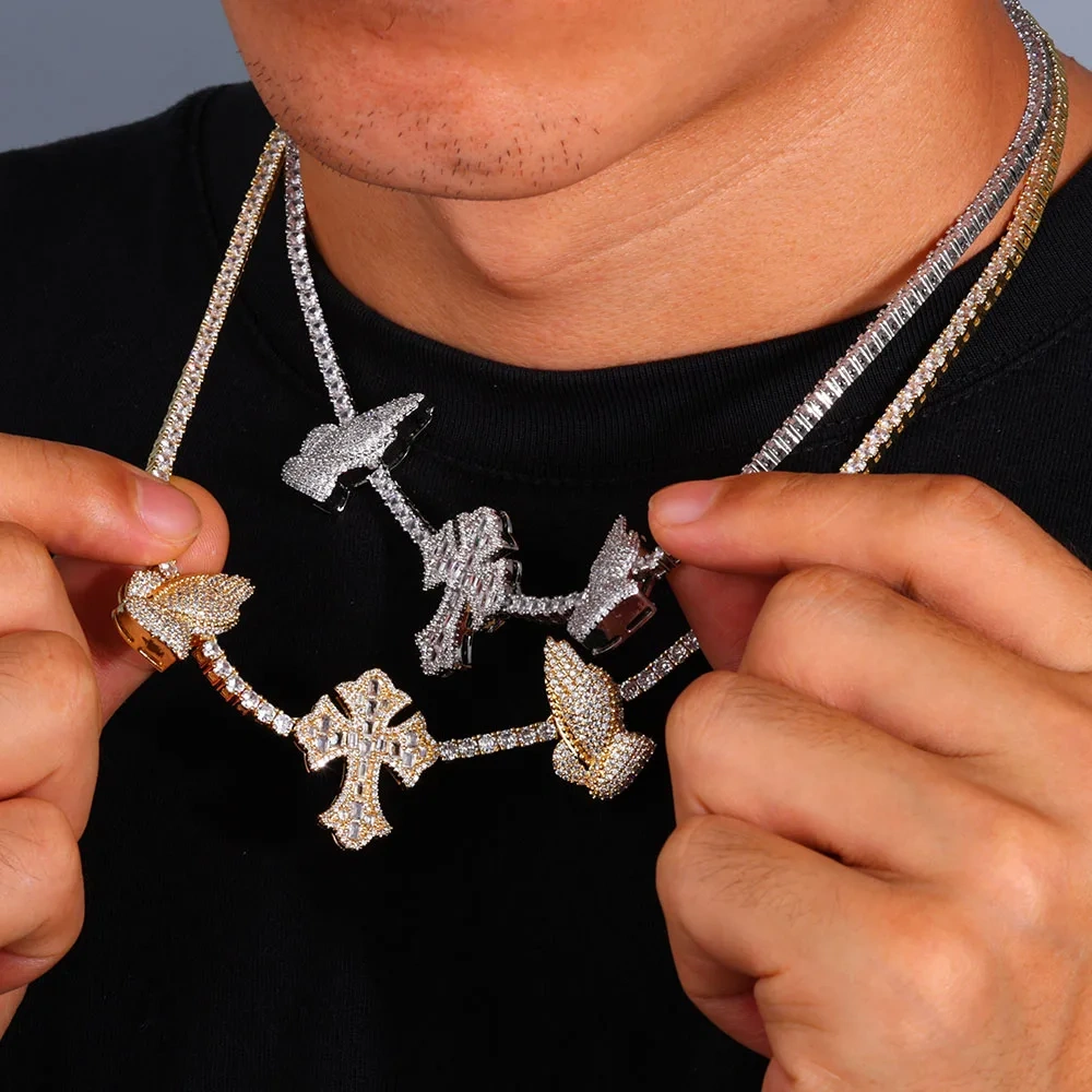 ESKEEM Hip Hop Cross Tennis Necklace High Quality Sparkling 5A Cubic Zirconia Praying Hand Cross Charm Tennis Chain Dropshipping