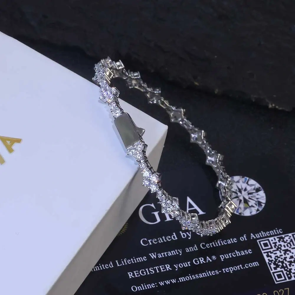 Hiphop Jewelry Iced Out VVS Diamond Flower Shape Tennis Chain 925 Sterling Silver Moissanite Tennis Chain Women's Bracelet