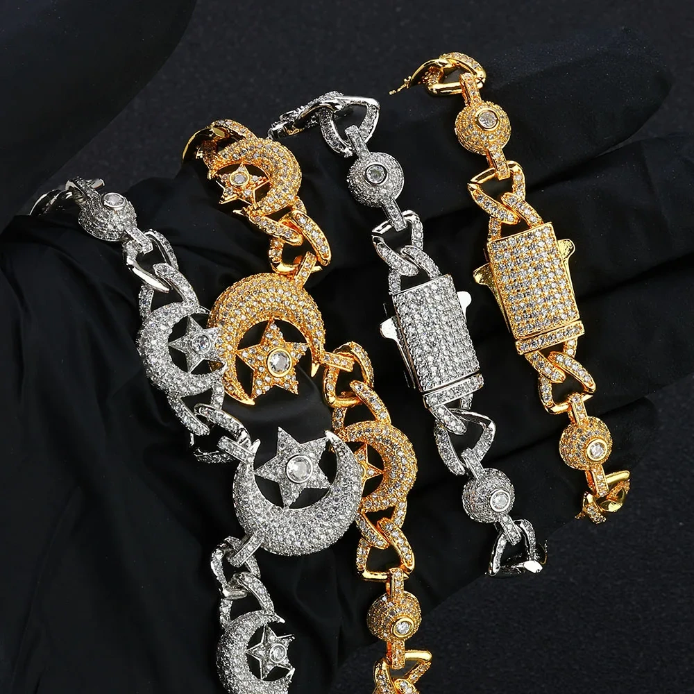 Hip Hop Iced Out CZ Necklace Sparkling Luxury Moon and Star Special Design Party Cuban Chain Jewelry For Men Women Gift