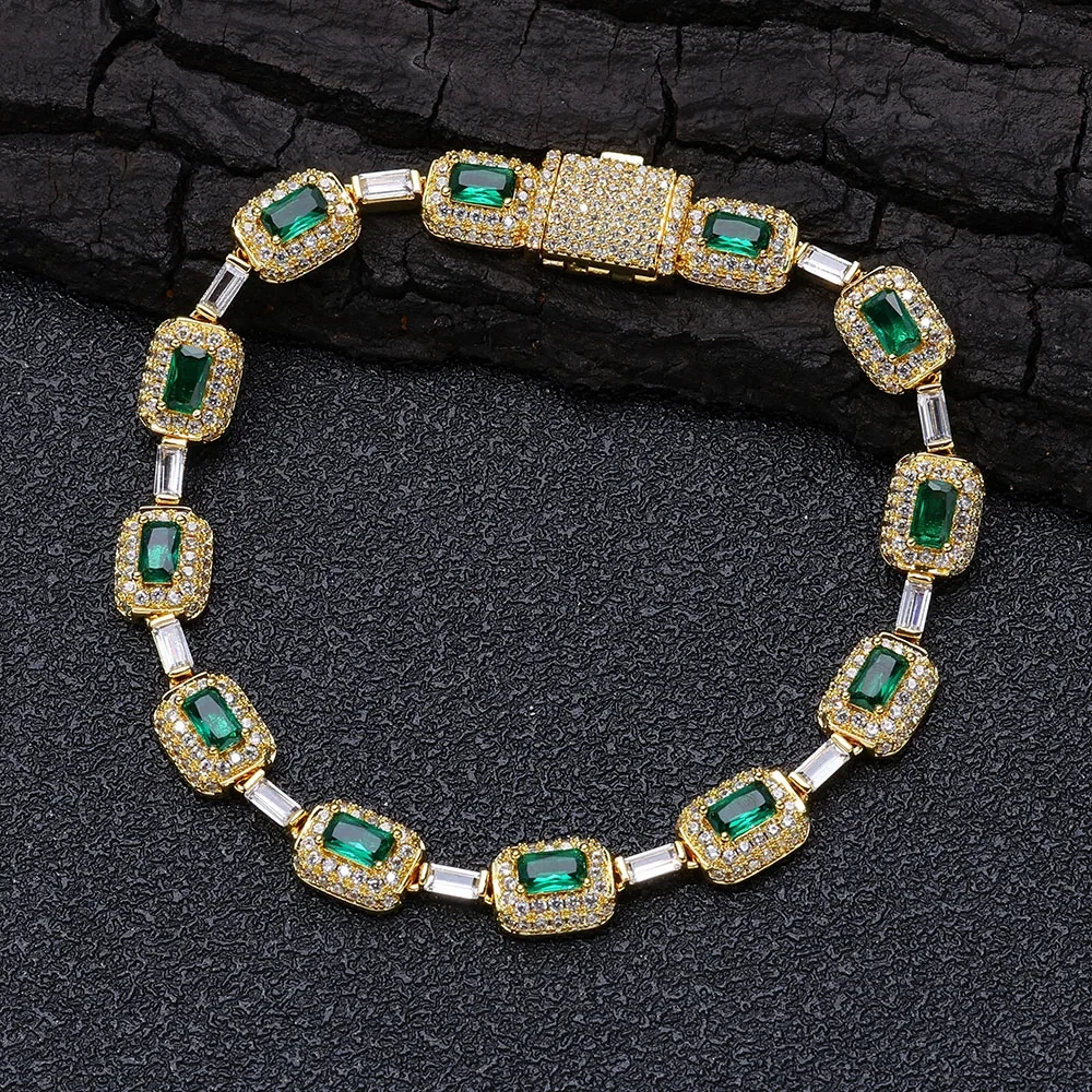 Round Square Green CZ Cluster Bead Link Chain Full Iced Out Bling Emerald Diamond Tennis Necklace For Valentine's Day Gift