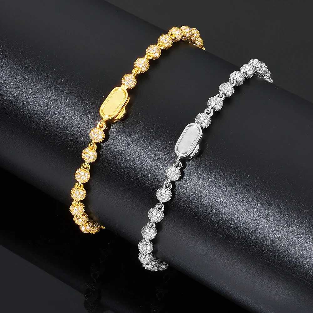 ESKEEM Luxury 18K Gold 4MM Bead Chain Bracelet with Full Diamond Round Bead Iced Out Bangles for Men Women Fine Jewelry