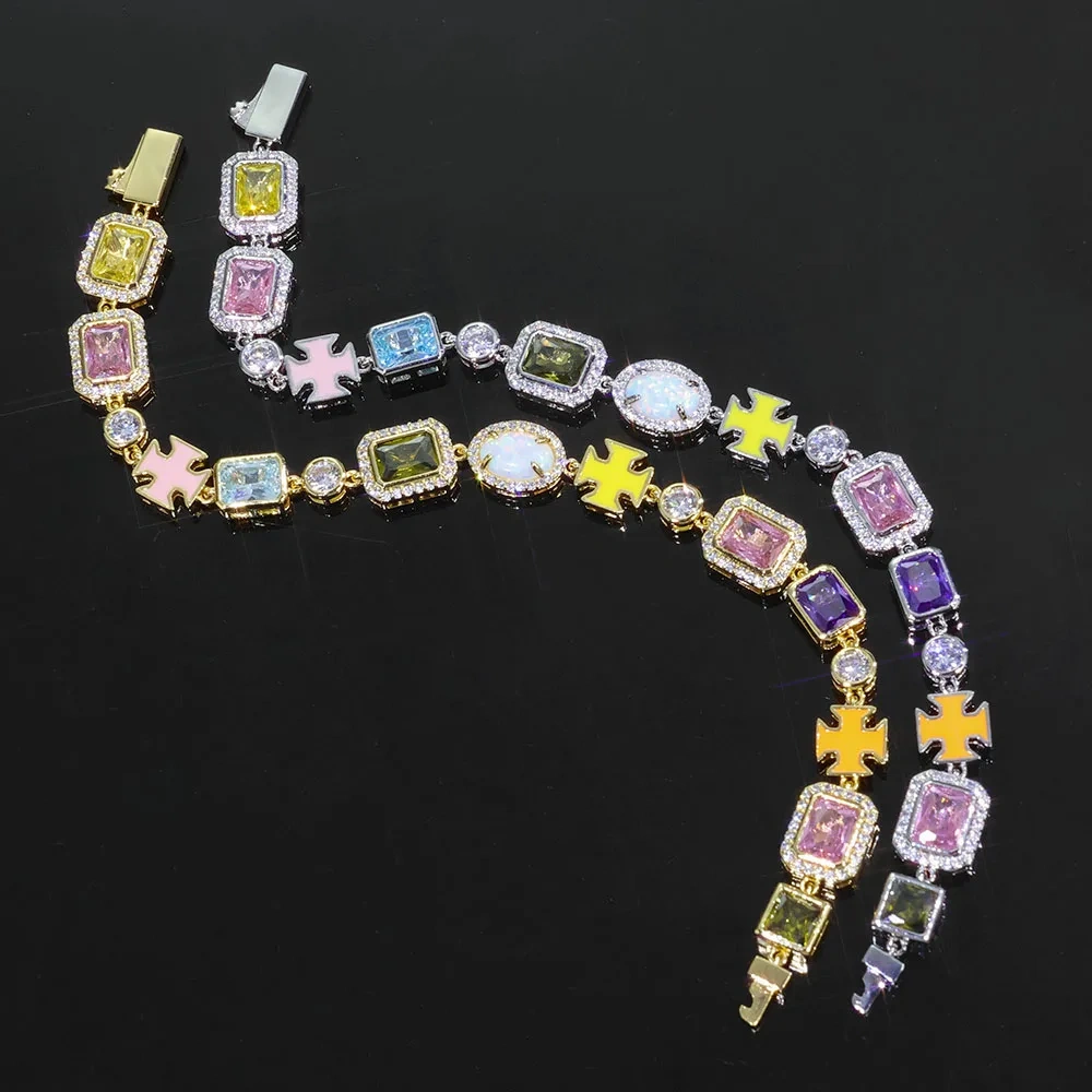 Mixed Colorful 10mm Cross Tennis Bracelet Enamel Bling Cz Chain Geometric Gemstone Motif Iced Out Opal Bracelet