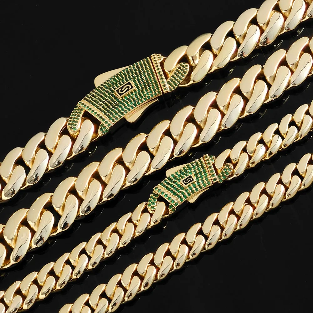 ESKEEM 14K Gold Plated 12/15MM Monaco Bracelet Hip Hop Jewelry Iced Green Cubic Zirconia Clasp Miami Cuban Bracelet Men Gift