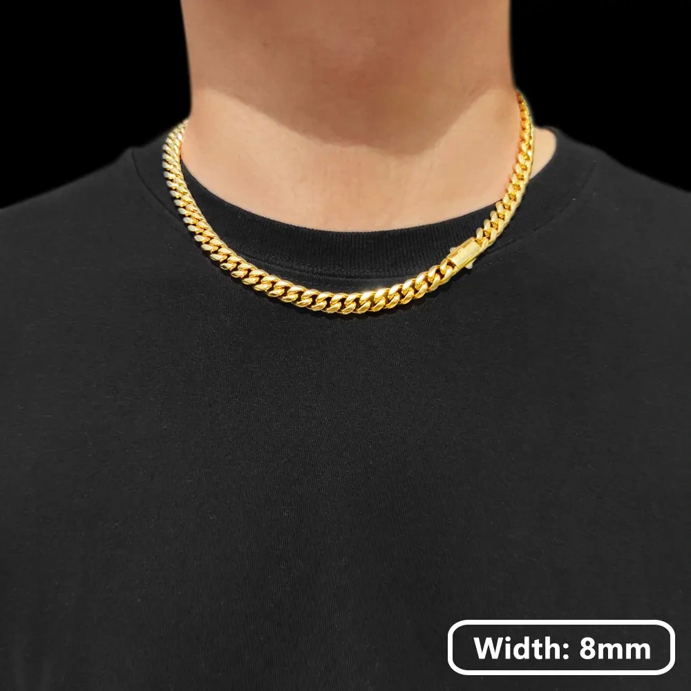 Hip Hop PVD Plated Stainless Steel Cuban Necklace with Snap Clasp Men Miami Cuban Link Chain Jewelry For Girls Free Laser Logo