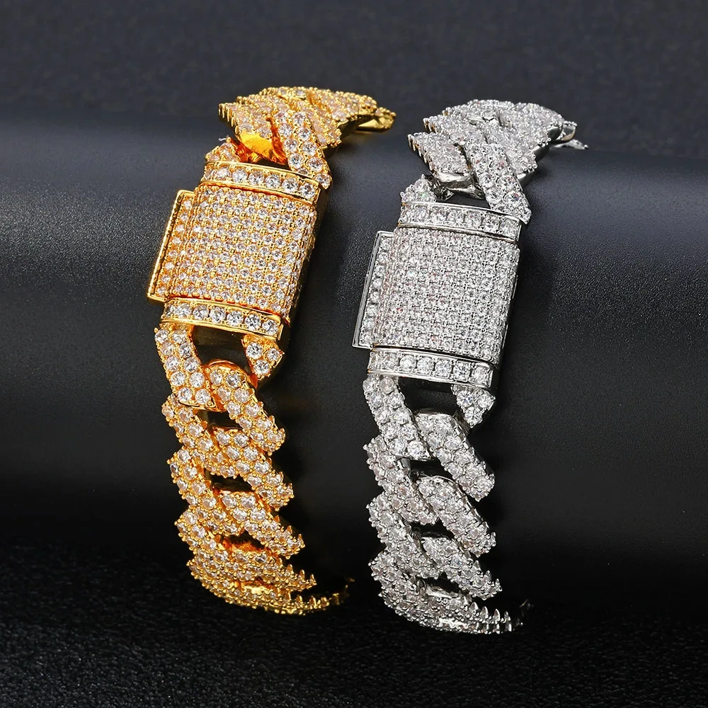 14mm Bling Iced Out Cuban Zirconia Cuban Miami Prong Link For Women Men Hip Hop Street Bracelets Jewelry