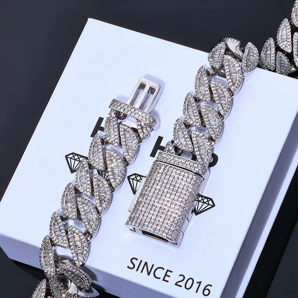 ESKEEM Luxury Hip Hop Bracelet 20MM Cuban Chain Full Iced Out Mixed Baguette Round Cubic Zirconia Inlay Jewelry