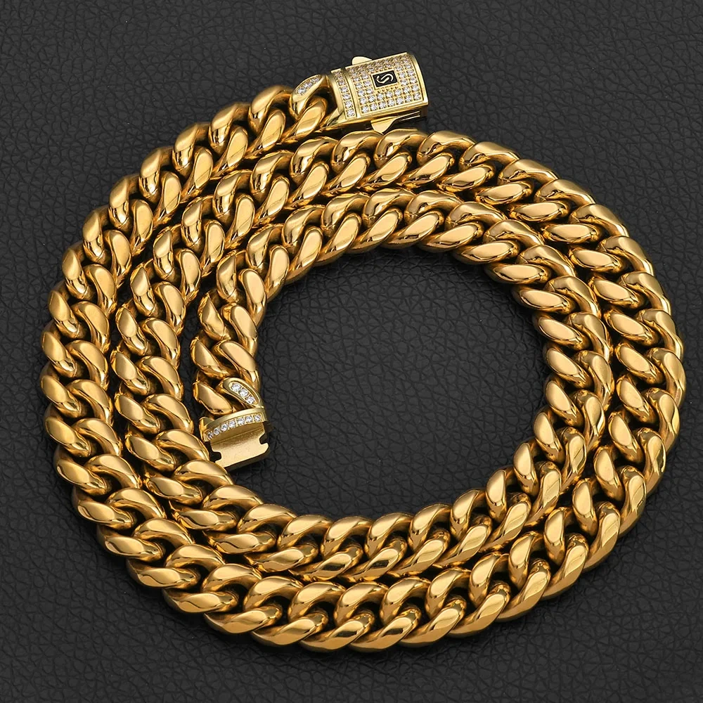 Hip Hop Bling 14k Gold Color Stainless Steel Cuban Miami Necklaces CZ Zircon Spring Lock Monaco Chain for Men Rapper Jewelry