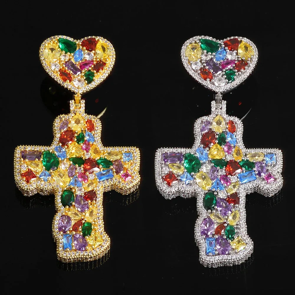 ESKEEM New Colorful Cubic Zirconia Cross Pendant Bling CZ Diamond Iced Out Charm Necklace Hip Hop Jewelry Christmas Day Gift