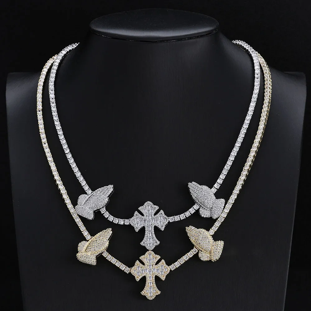 ESKEEM Hip Hop Cross Tennis Necklace High Quality Sparkling 5A Cubic Zirconia Praying Hand Cross Charm Tennis Chain Dropshipping