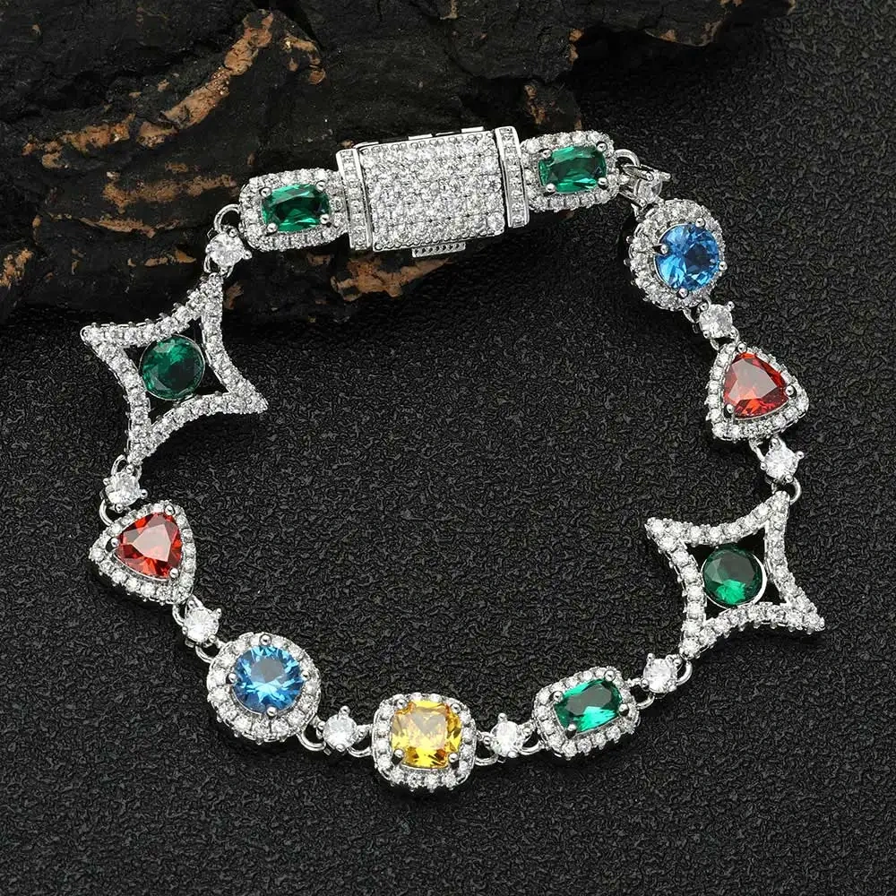 Dazzling Hip Hop Bracelets Mixed Gemstone & Cubic Zirconia 18K Gold-Plating Trendy Unisex Accessories for Men & Women