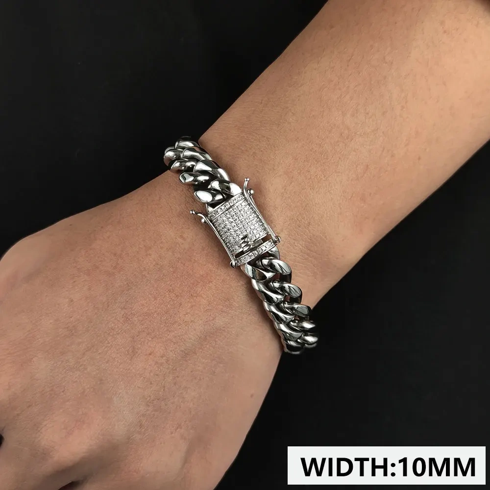 6/8/10/12/14/16MM Hip Hop Rock Zircon Clasp Cuban Bracelets For Men Stainless Steel Jewelry