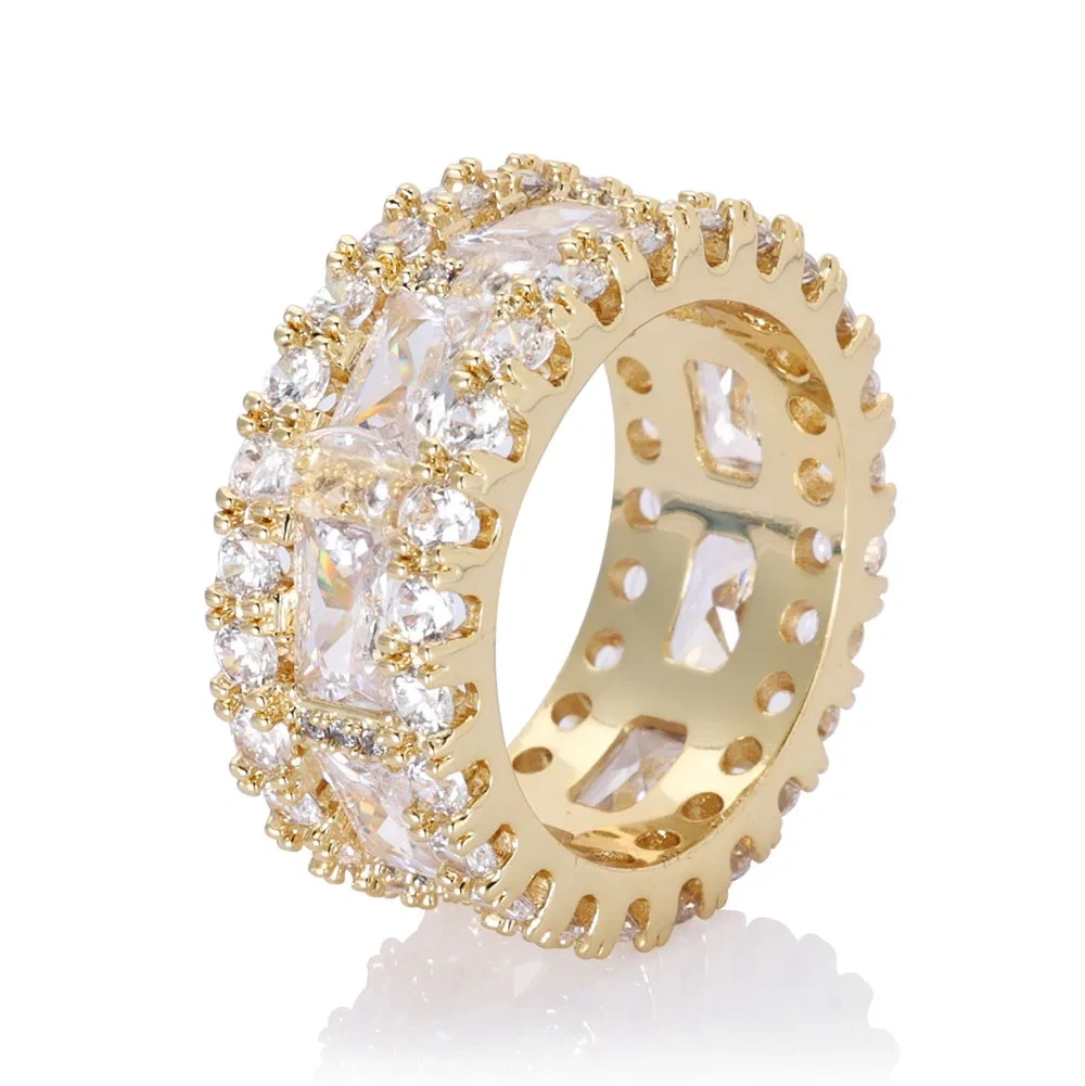 10mm Cubic Zirconia Cuban Rings Brass Prong Setting T-shaped DiamondCZ Iced out Ring Jewelry For Women Men Gift