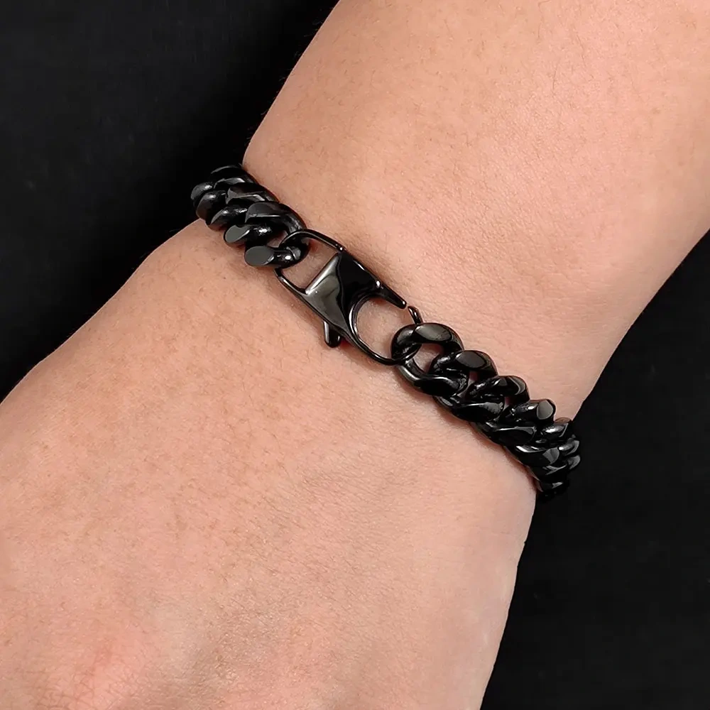 10mm Hip Hop Jewelry Fashion Simple Black Plated Stainless Steel Luxurious Cuban Link For Men Bracelet Can Custom Size