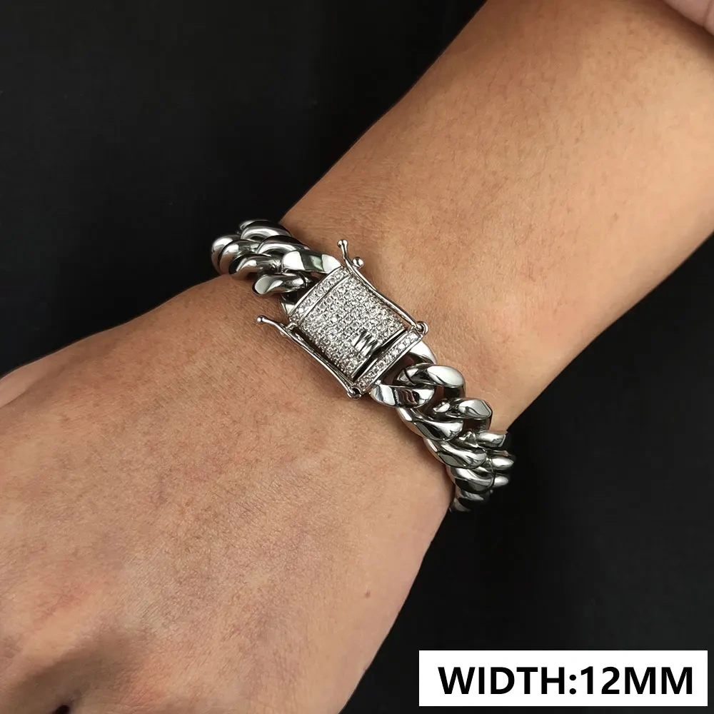 6/8/10/12/14/16MM Hip Hop Rock Zircon Clasp Cuban Bracelets For Men Stainless Steel Jewelry