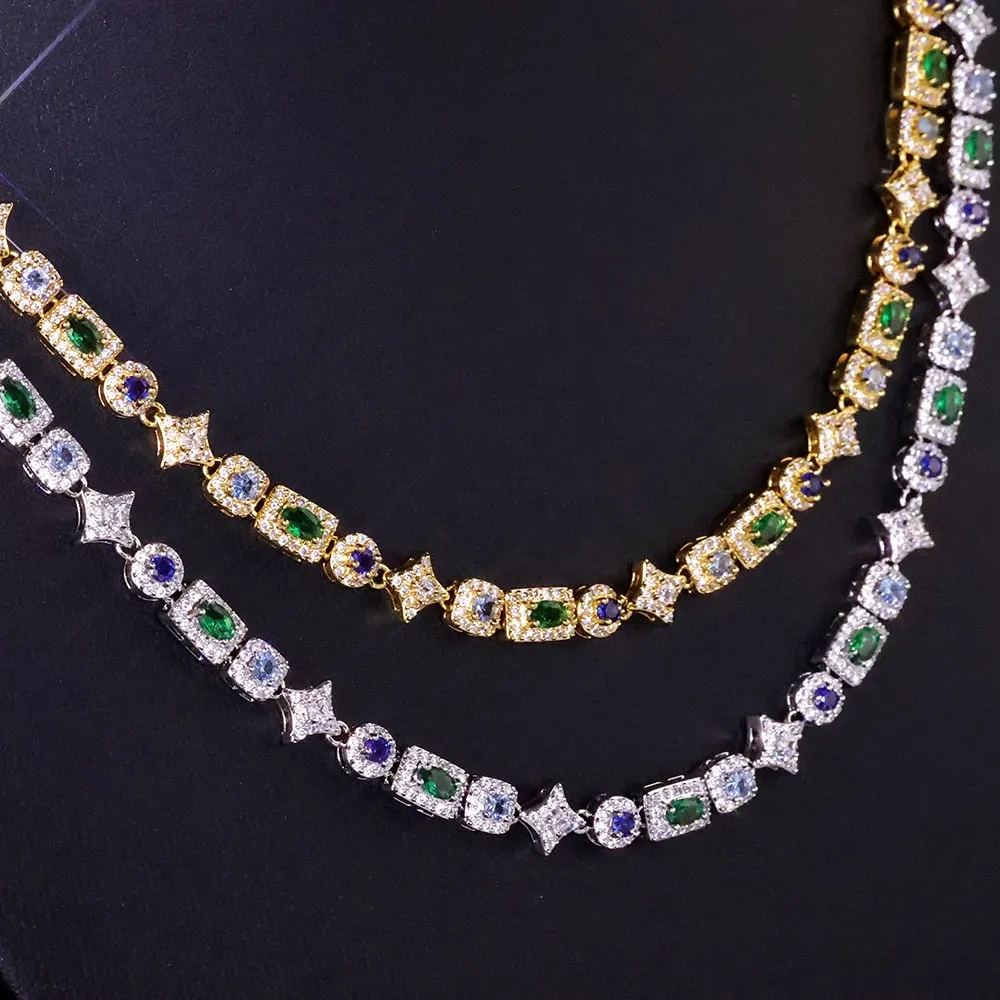 6MM Colorful Rectangle Tennis Chain Necklace 18k Gold Plated Brass Green/Blue Iced Out Choker Women Gift