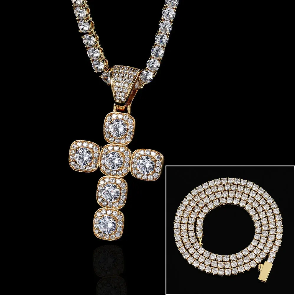 Hip Hop Iced Out Jewelry Big Cluster Tennis Cubic Zirconia CZ Cross Pendants Necklace For Women Drop Shipping