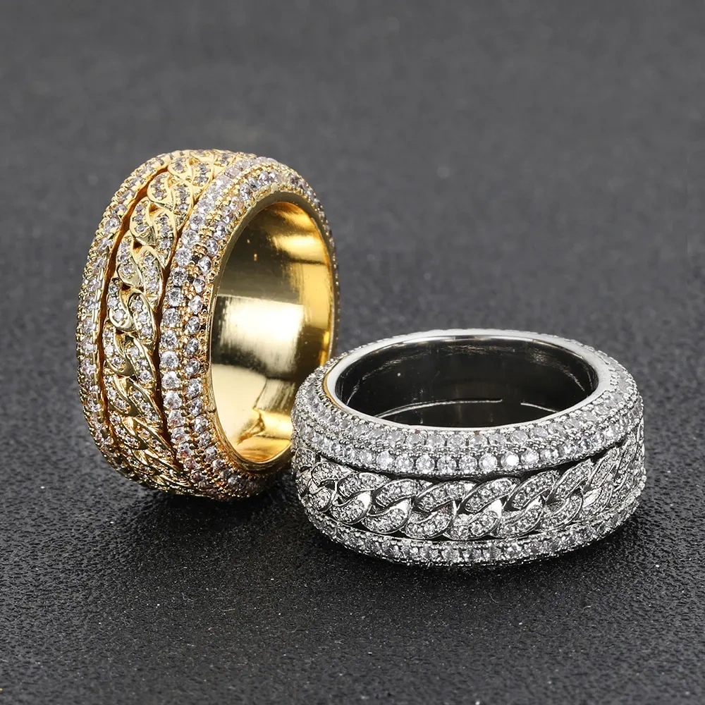 Hip Hop Iced Cuban Link Spinner Ring Micro Paved Brass Zircon Rotatable Cuban Link Ring for Women Fashion Jewelry