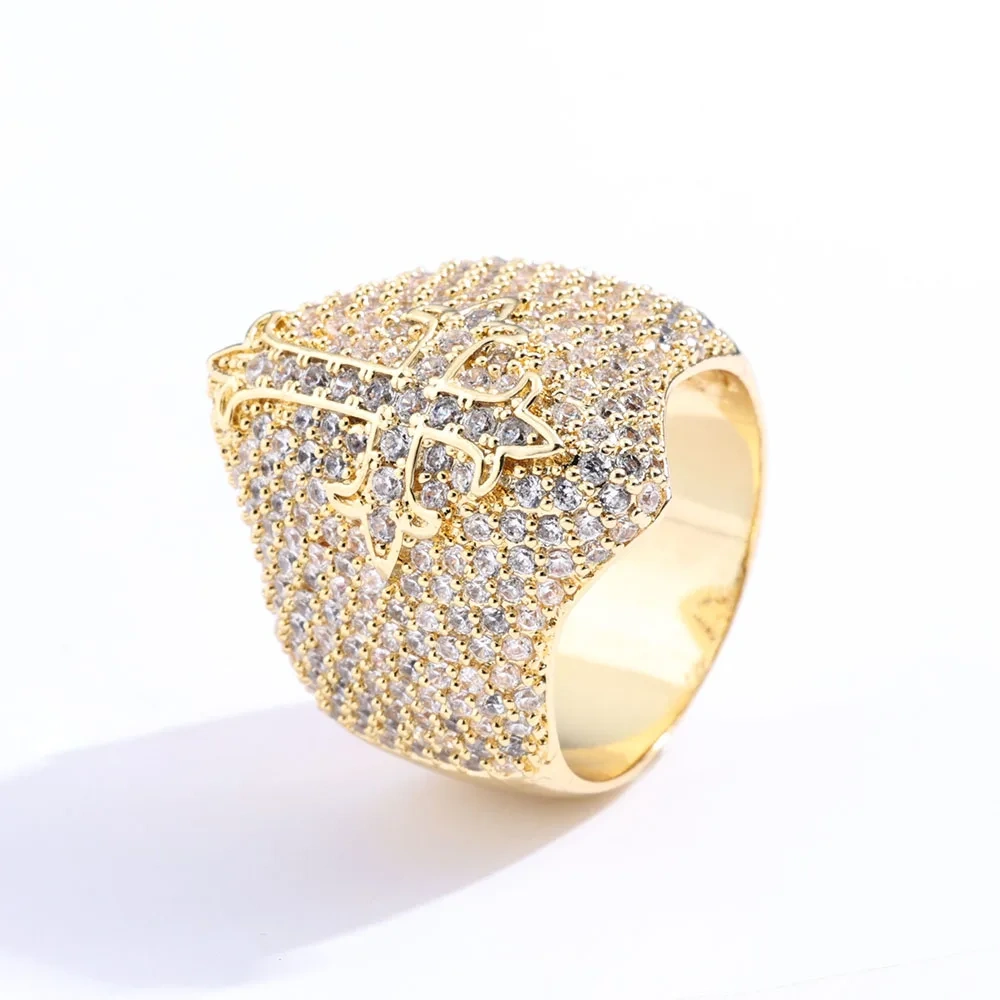 Hip Hop Jewelry Fashion Style Cross Cuban Ring for Men Bling Iced Out Round&T-shaped Diamond Cross Ring Party Gift