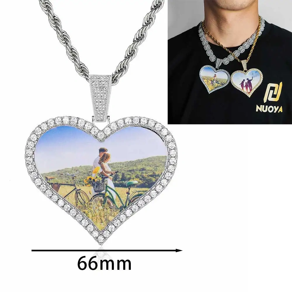66mm Personalized Custom Big Heart Photo Pendants Bling Diamond Memarial Picture Necklaces Women Men Hip Hop Jewelry Gift
