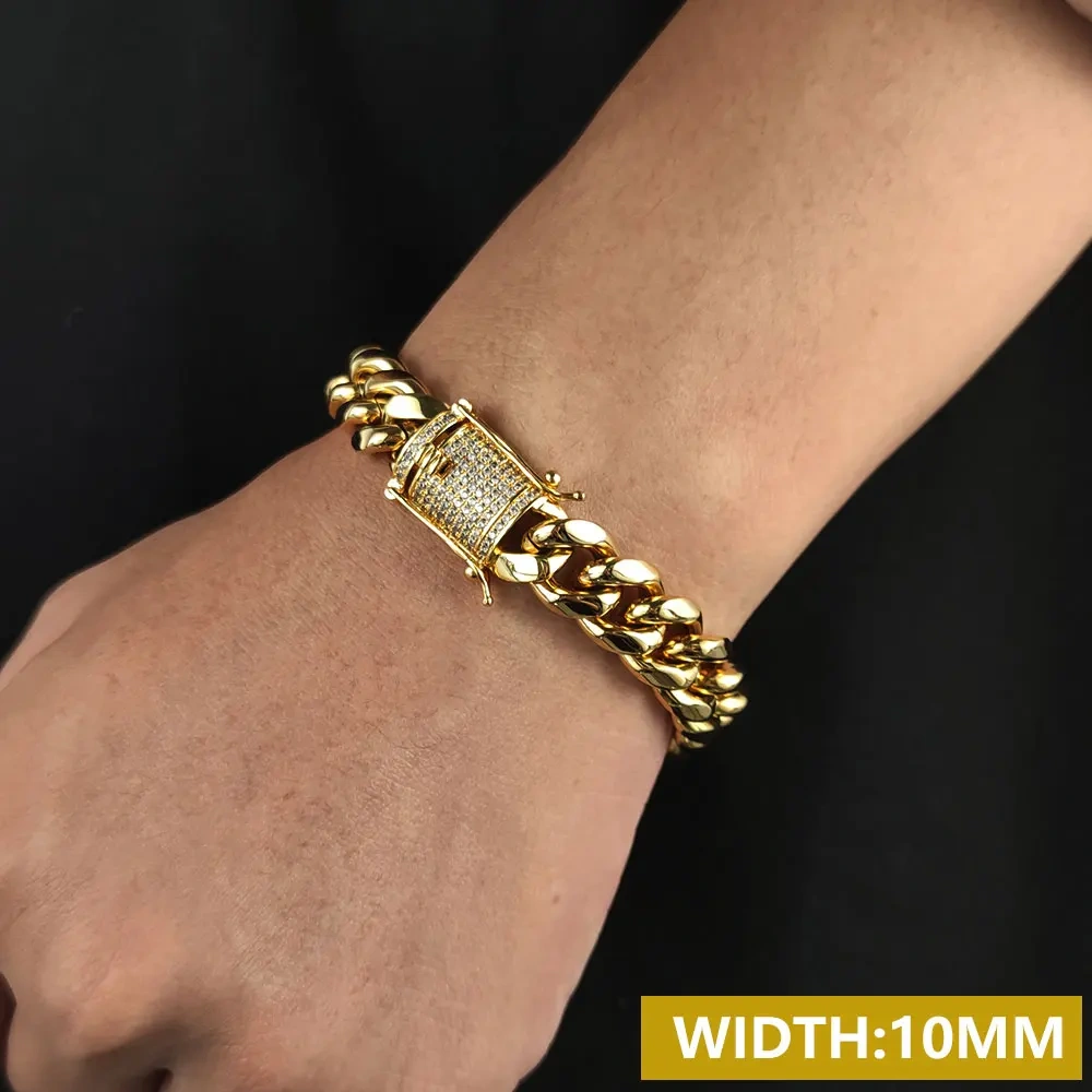 6/8/10/12/14/16MM Hip Hop Rock Zircon Clasp Cuban Bracelets For Men Stainless Steel Jewelry