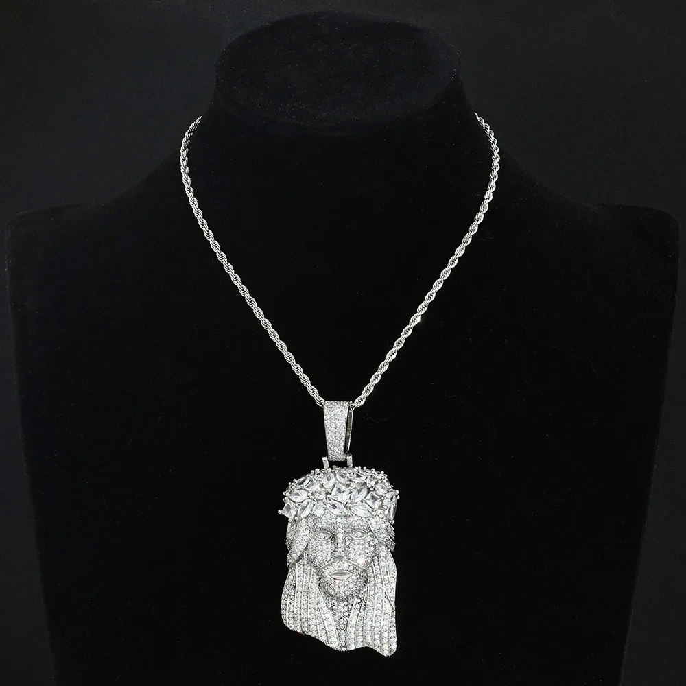 ESKEEM Bling Iced Out 5A CZ Jesus Face Pendant White Gold Plated Big Jesus Head Charm Hip Hop Jewelry wtih 12mm Cuban Chain