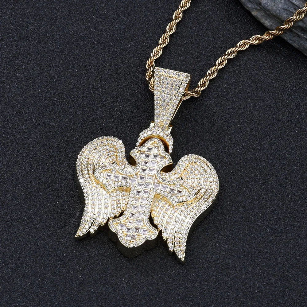 Hip Hop Sparkling Ice Flower Zircon Cross Wings Pendant Full Diamond Cross Pendant Necklace Accessories Men Women Jewelry