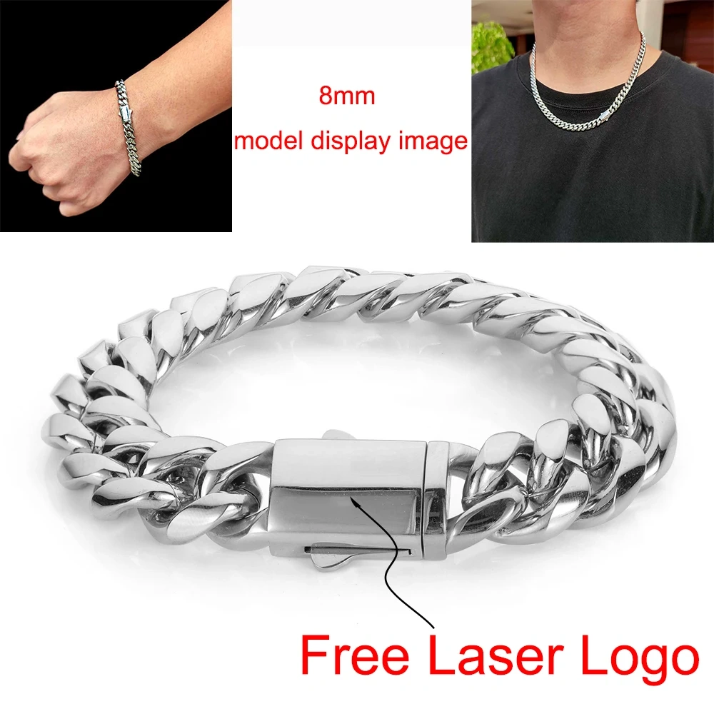 Hip Hop Stainless Steel Cuban Link Chain Necklace For Men Women Cuban Bracelet Jewelry Custom Logo On Front Back
