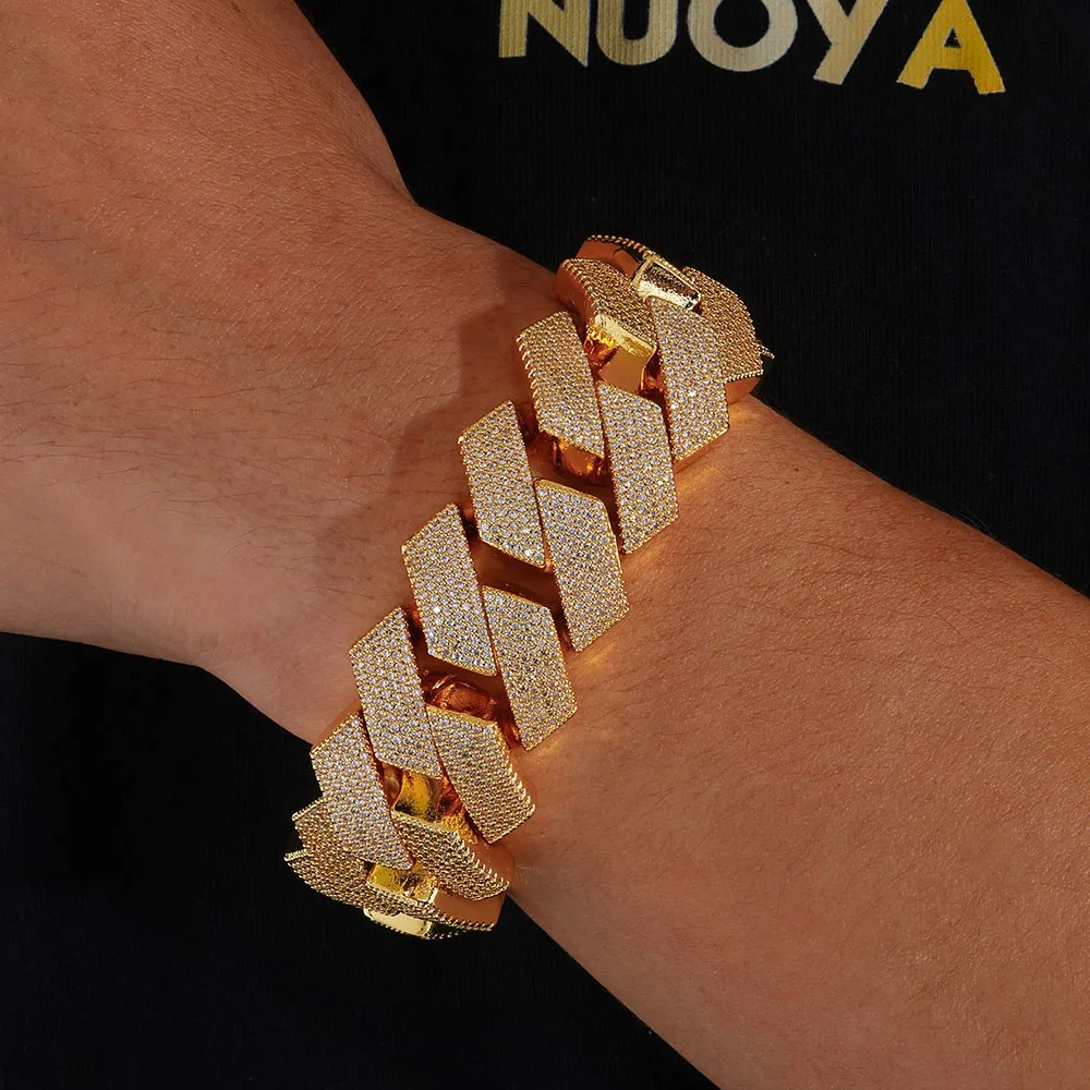 Mens Cuban Link Chain Bracelet Gold Plated Bling Miami Cuban Prong Set Diamond Bracelet for Men 25MM Iced Out Hip Hop Jewelry ﻿