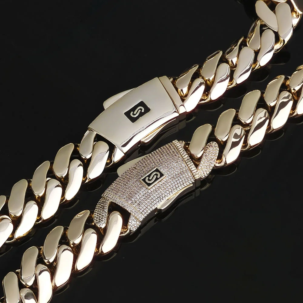 Cadena 14k Gold Plated Hip Hop Luxury Jewelry Monaco Chain Classic Plain Lock Miami Cuban Link Chain Men Choker Necklace