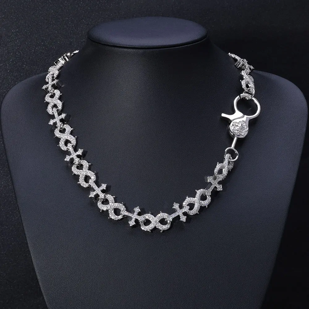 Big Clasp Shiny Diamond Cross Infinity Necklace Micro Pave Zircon Link Chain Design Necklace for Men Women Hip Hop Jewelry