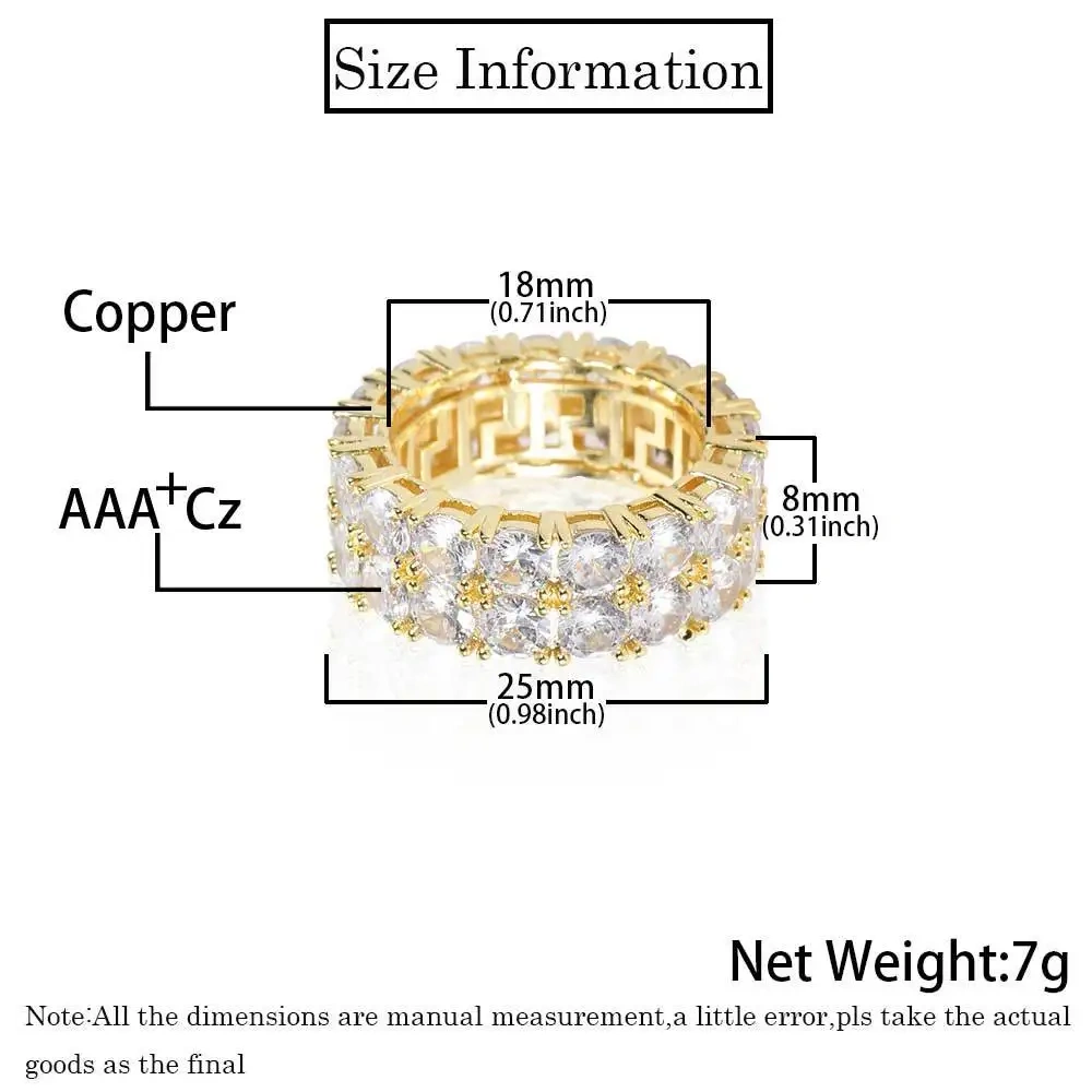Hip Hop Rapper Rock Ring Fashion Jewelry Iced Out Rectangle Double Row 3A CZ 8MM Ring For Women And Men Christmas Gift