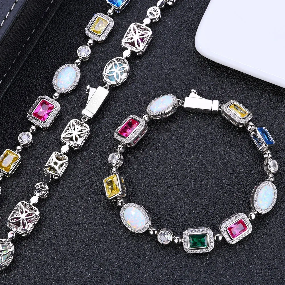 S925 Sterling Silver Rainbow Choker Multi Color Gemstone Beaded Necklace Iced Cubic Zirconia Opal Chain Waterproof Jewelry