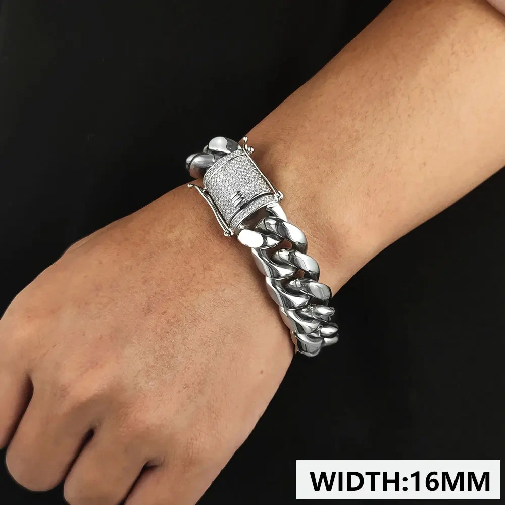 6/8/10/12/14/16MM Hip Hop Rock Zircon Clasp Cuban Bracelets For Men Stainless Steel Jewelry