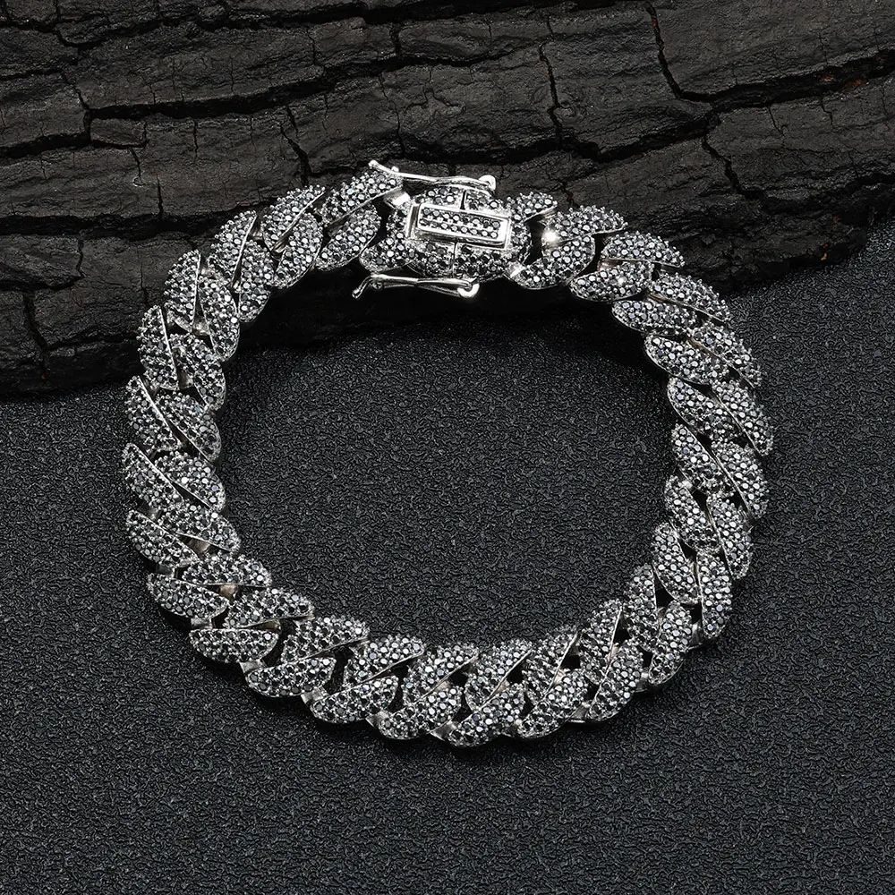 Custom 12mm 3 Rows S925 Sterling Silver VVS Diamond Necklace Iced Black/White Moissanite Cuban Link Chain for Men Gift