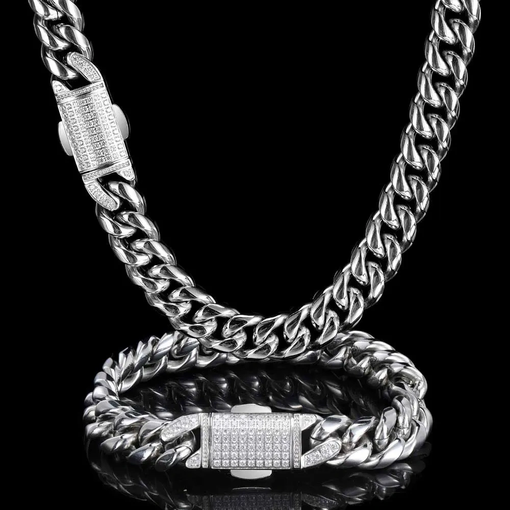 12mm Hip Hop Stainless Steel Jewelry Homme Cadena  Luxury Miami Cuban Link Chain Men Rapper Rock Necklace