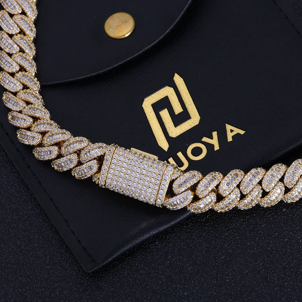Hip Hop Jewelry Baguette Cuban Link Chain Iced Out Mixed Inlay Simulated Diamond Stones Bling 12mm Miami CZ Necklace Men's Gift