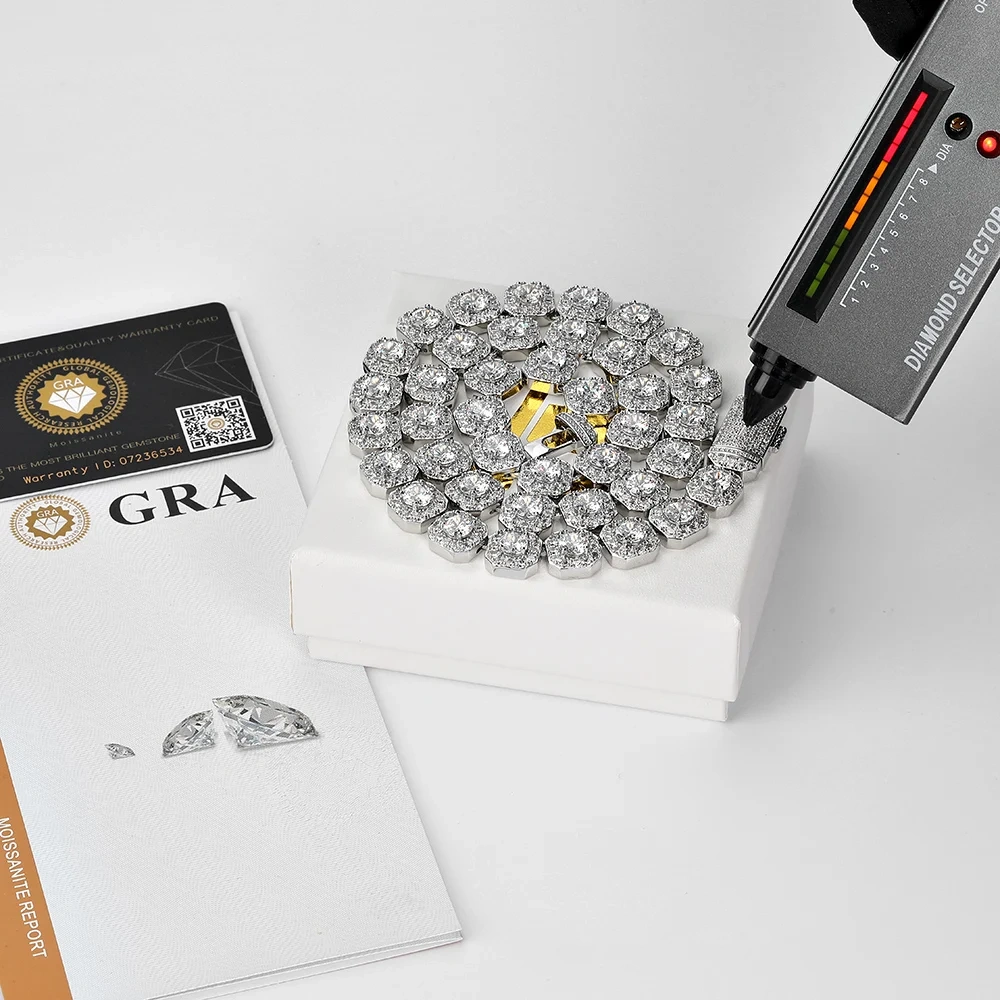 Moissanite Tennis Chain 925 Sterling Silver Hip Hop Jewelry 10/12MM Bling Ice Out VVS Moissanite Clustered Tennis Chain Necklace