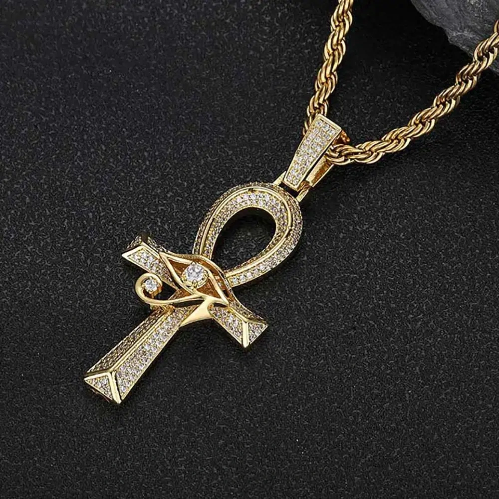 Ancient Egyptian Amulet Anka Cross Bling CZ Stone 18k Gold Color Plated Eye Of Horus Pendant Necklace For Men