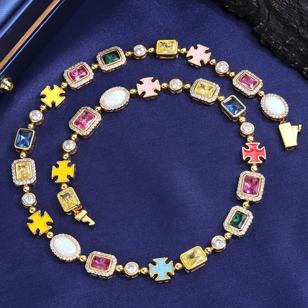 ESKEEM 10mm Pink/yellow/Bluw Multi Color Enamel Bling Cz Stone Chain Cross Geometric Gemstone Motif Iced Out Opal Chain Necklace