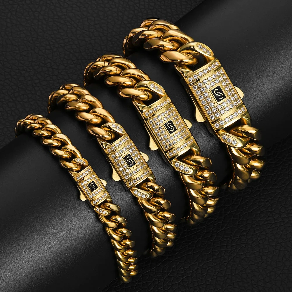 ESKEEM Bling Iced Out Stainless Steel Spring Buckle Miami Cuban Link Chain Bracelet for Men PVD 14k Gold Plating Hip Hop Jewelry