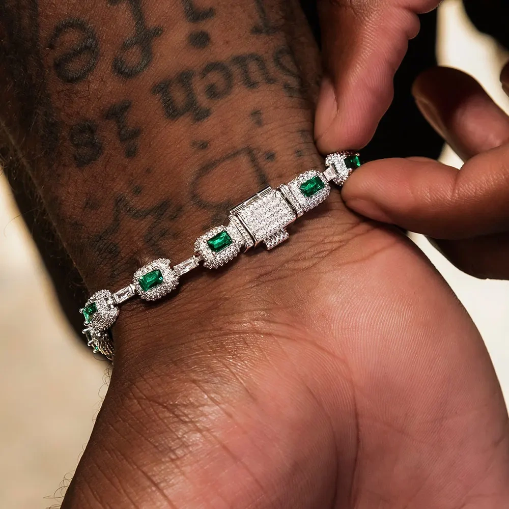Round Square Green CZ Cluster Bead Link Chain Full Iced Out Bling Emerald Diamond Tennis Necklace For Valentine's Day Gift